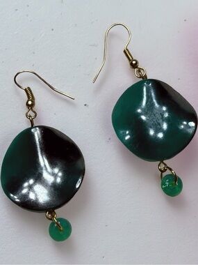 Hand Crafted Teal Shell Drop Earrings with Green Beads